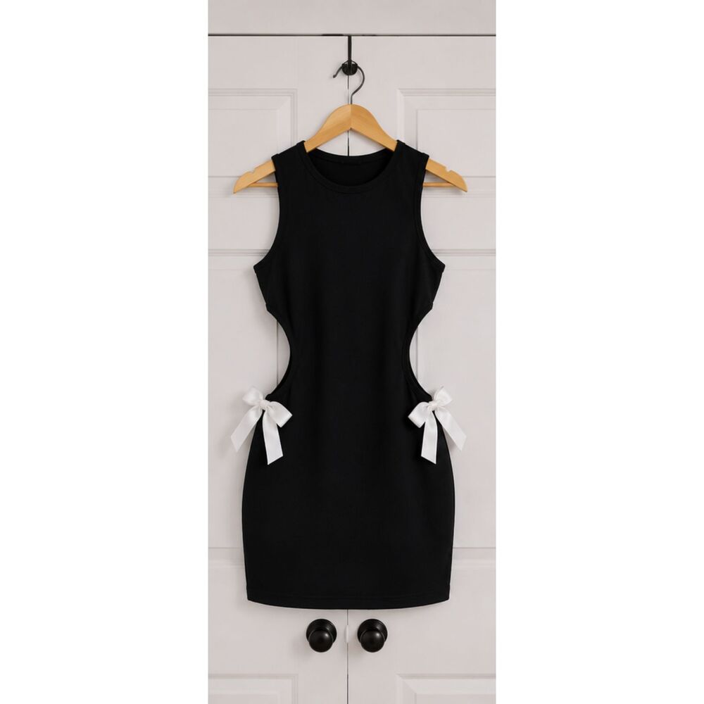 SOLY HUX Women's Cutout Bodycon Mini Dress Black Sleeveless White Bow Accent - Picture 2 of 3